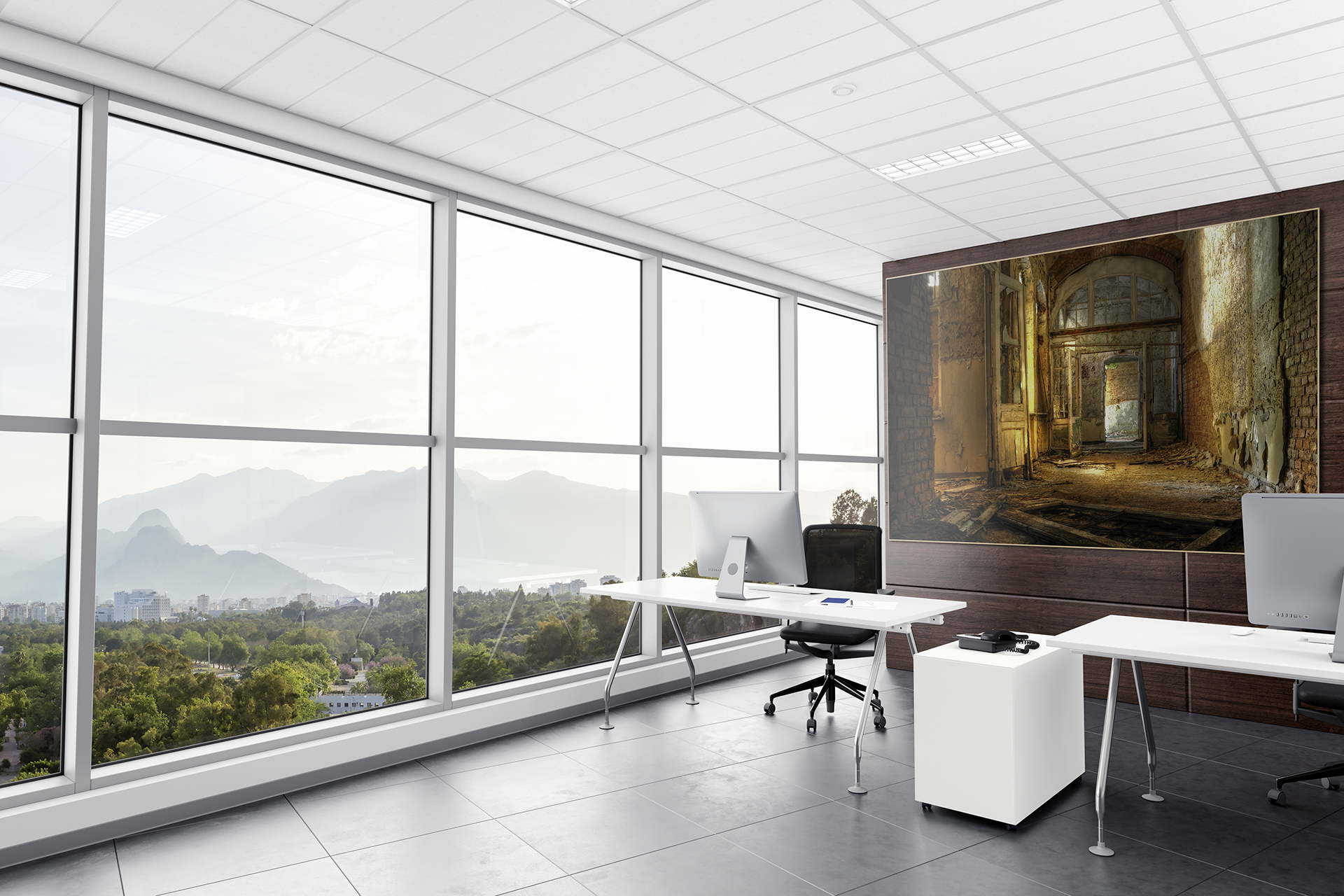 Het kantoor verbeteren met fotografische kunst en de akoestiek verbeteren.